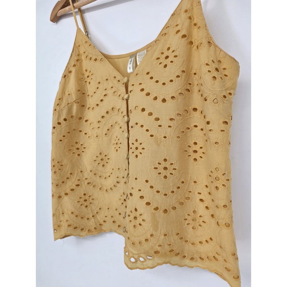 Japna Cropped Spaghetti Strap Tank Top Yellow Eyelet Lace 100% Cotton Size S